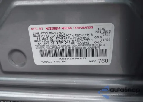 2015 Mitsubishi Outlander Se из США, поврежденный, VIN JA4AZ3A33FZ014137